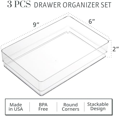 STORi SimpleSort 3-Piece Stackable Clear Drawer Organizer Set | 9" x 6" x 2" Rectangle Trays | Wide Makeup Vanity Storage Bins and Office Desk Drawer Dividers | Made in USA - Image 2