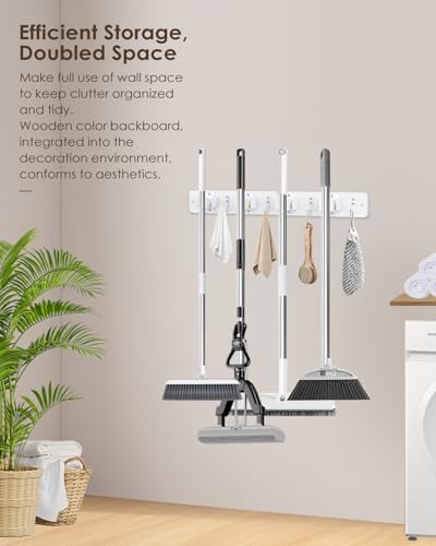 Broom Holder Wall Mounted, 2 Pack White 4 Holders and 4 Hooks Mop Holder, Wooden Mop and Broom Holder with Anti slip rubber, Natural pine wood Brush Holder, Mop Wall Holder with Nail installation - Image 5