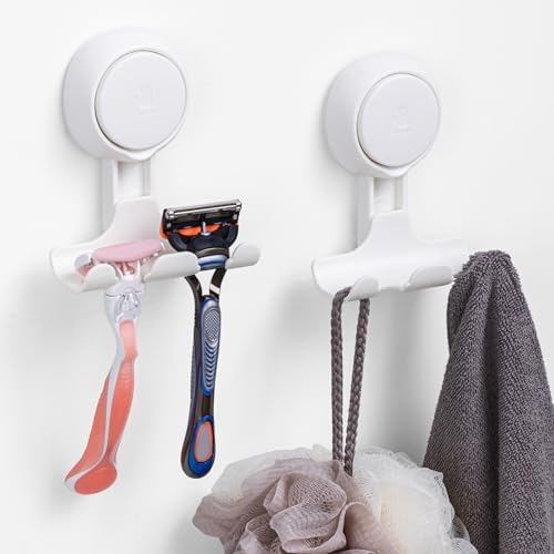 LEVERLOC Razor Holder for Shower 2 Pack, Powerful Suction Cup Hooks, White by LEVERLOC