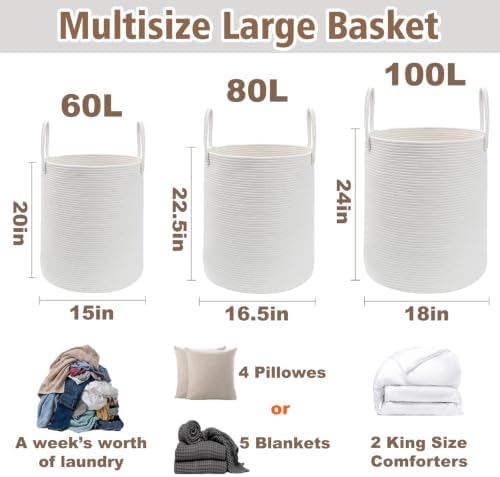 JMvicyroam 100L Cotton Rope Laundry Basket Hamper, White - Image 2