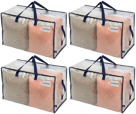 VENO 4 Pack Clear Extra Large Moving Bags & Storage Totes, Heavy Duty Organizer with Reinforced Handles & Strong Zippers for Clothes, College Dorm Essentials, Moving Supplies by Veno