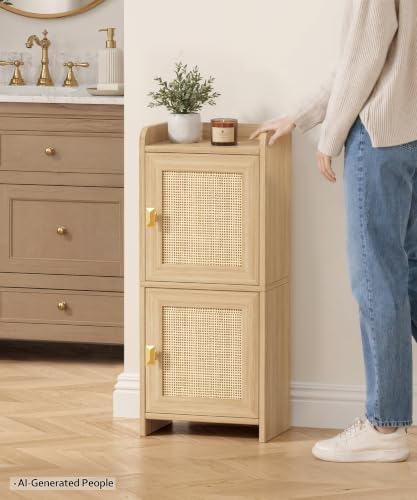 Akxomel Rattan Small Bathroom Cabinet Narrow Toilet Paper Organizer Oak - Image 2