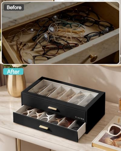 VLANDO 12-Slot Sunglasses Organizer Case with Clear Lid & 2 Drawers,Black - Image 3