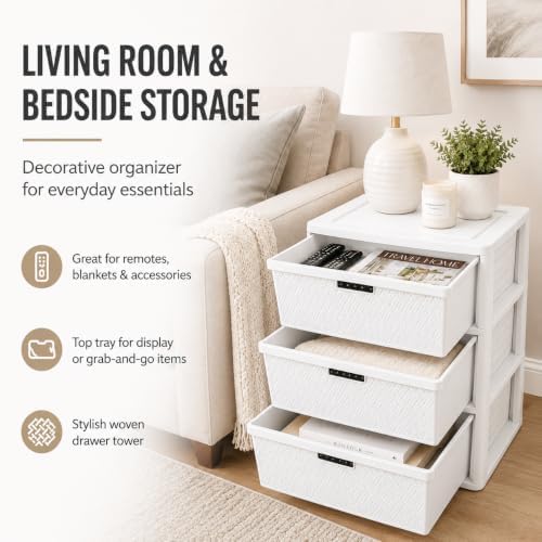 Wide 3-Drawer Plastic Storage Tower with Cross-Weave Removable Bins - Image 7