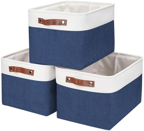 Bagnizer Storage Bins Large Fabric Storage Baskets for Shelves 3 Pack, Decorative Linen Closet Baskets with Handles for Organizing, Shelf, Clothes, Home, Office, 15x11x9.5Inches (NavyBlue&White) by Bagnizer