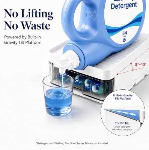 Laundry Detergent Holder with Pod Storage Drawer & Drip Tray, 3-in-1 Detergent Dispenser Stand and Laundry Detergent Organizer for Large Bottles, Gravity Flow Laundry Room Storage, White - Image 4