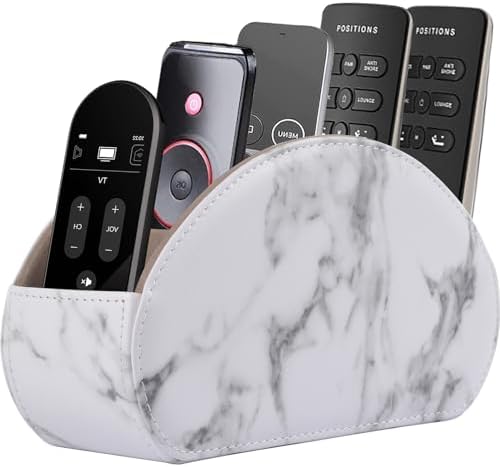 Leather Remote Control Holder with 5 Compartments TV Remote Caddy Store Box,Desktop Organizer for Controller, Glasses and Media Player,Pen Storage (White) by RHCSZ