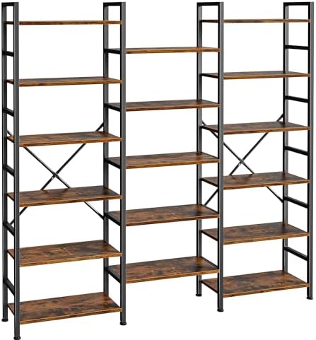 SUPERJARE Triple Bookshelf, Bookcase with 17 Open Display Shelves, Wide Book Shelf Book Case for Home & Office, 6 Tier, Brown, ABC003Z by SUPERJARE