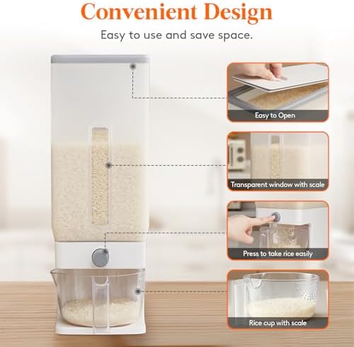 Lifewit Rice Container 29 Lbs, One-Press Dispenser with Measuring Cup 2 Pcs - Image 4
