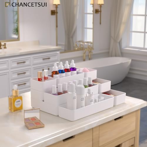 White Desk Drawer Organizer Trays: 9PC Shallow Vanity Bathroom Organizers - Image 2