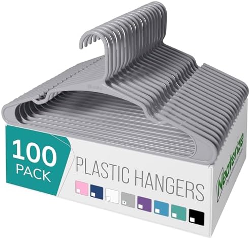 NEATERIZE Clothes Hangers Plastic 100 Pack for Adults - Plastic Hangers, The Perfect Coat Hanger and Space Saving Clothes Hangers for Closet - Grey Hangers by Neaterize