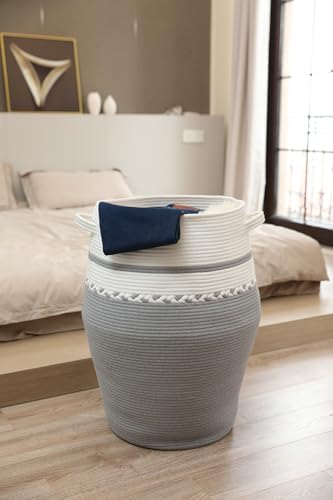 26"x20" Cottonphant Extra Large Tall Woven Laundry Basket with Lid, Cotton Rope Blanket Storage Basket, Freestanding Decorative Bin for Bedroom Living Room, White & Grey - Image 6