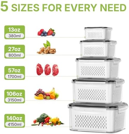 5 Pack Large Fruit Storage Containers for Fridge, Leakproof Produce Containers with Removable Colanders, Dishwasher Safe Fridge Organizers and Storage, Keep Berry, Vegetables Fresh Longer - Image 3