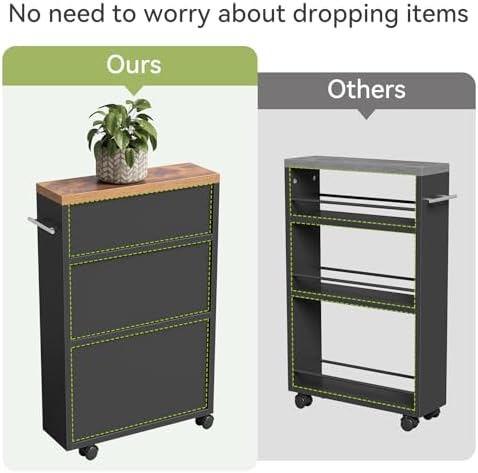 LITTLE TREE Slim Rolling Storage Cart, 3 Tier Snack Cart with Wheels for Kitchen, 6.3 Inch Wide Bathroom Organizer Shelves, Wooden Utility Cart for Laundry Room, Black - Image 3