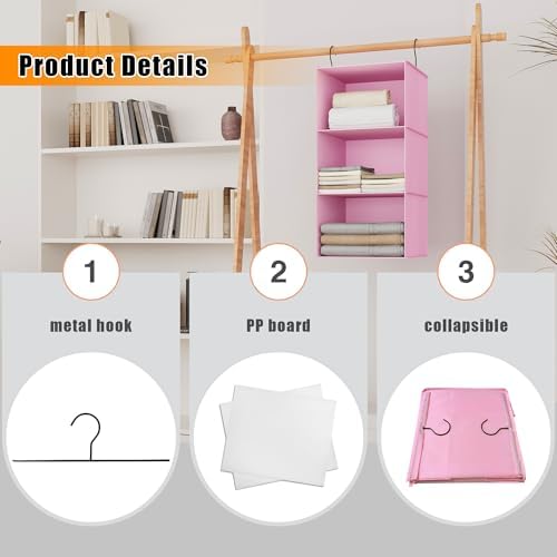 Hanging Closet Organizer 3-Shelf, Oxford Fabric Wardrobe Storage, Pink - Image 5