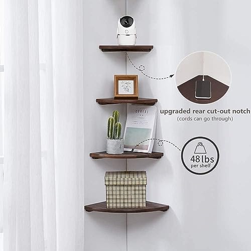 Corner Shelf, Solid Oak Wood Floating Corner Shelf Wall Mount Round End Floating Speaker Shelves with Wire Hole for Small Plant Photo Frame for Bedroom Kitchen, Living Room (Walnut, 7in) - Image 4
