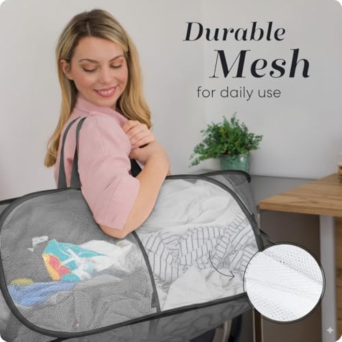 Handy Laundry Collapsible Laundry Basket, 2-Compartment Mesh Pop Up Hamper with Handles – Foldable, Space-Saving Dirty Clothes Organizer for Dorm, Travel, Laundry Room, Grey - Image 4
