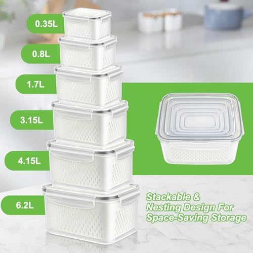 TBMax 12 Pieces Fruit Storage Containers for Fridge Organizers and Storage, 6 Pack Large Produce Saver with Airtight Lid & Colander for Berry Lettuce Salad Vegetable Storage, Refrigerator Organizer - Image 2