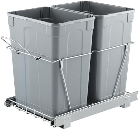 VEVOR Pullout Trash Can for Kitchen Cabinets, 35 QT x2 Double Under Sink Garbage Waste Recycling Bin, Under Mount Waste Container, with Heavy Duty Metal Full Extension Sliding System and Handle Grey by VEVOR