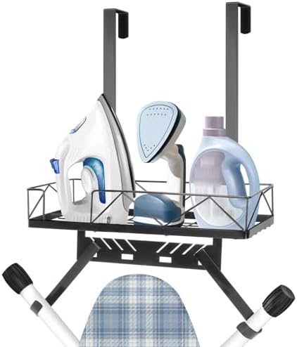 Ironing Board Hanger, Metal Over The Door or Wall Mounted Ironing Board Caddy, Ironing Board Storage Shelf with Adjustable Hooks for Laundry Room, Living Room, Bathroom (Matte Black) by Siyzda