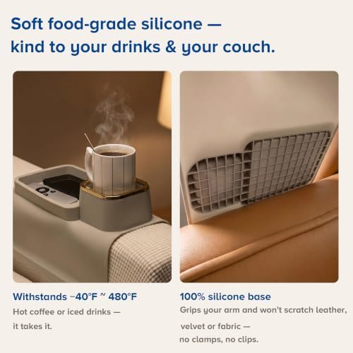 Elimiko Non-Slip Silicone Couch Cup Holder Tray for Sofa Arm (Warm Gray) - Image 6