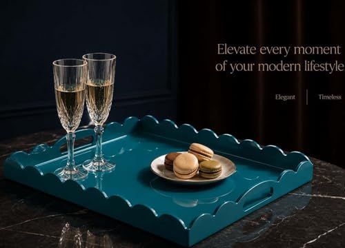 Gesodant Scalloped Glossy Plastic Lacquer Decorative Tray, 15.7 x 11.8 Inch Rectangle Serving Tray with Handles for Coffee Table, Ottoman, Bedroom Vanity, Living Room Centerpiece (Teal Blue) - Image 3