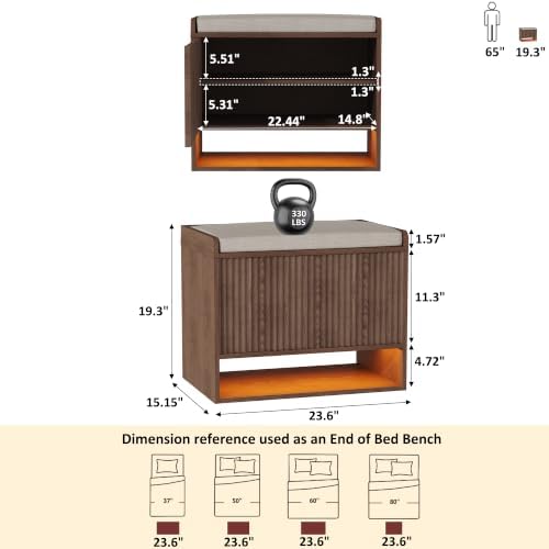 HOMEFORT 23.6" Fluted Shoe Storage Bench, Small Entryway Bench with Linen Seat Cushion, Shoe Cabinet Bench with Adjustable Shelf and Built-in LED Sensor Light, Bench for Bedroom End of Bed,Walnut - Image 2