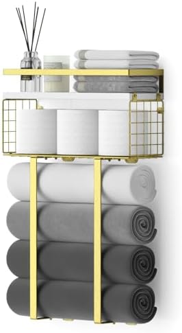 Towel Racks for Bathroom, Bathroom Shelf Over Toilet,Floating Shelves with Towel Rack Paper Holder Storage Basket,Floating Shelves for Wall Decor,Gold by XstydesDreamworks