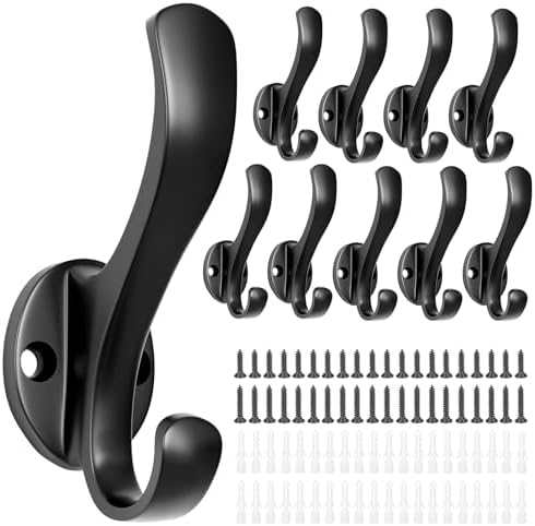 Coat Hooks Heavy Duty - Durable wall Mounted Hooks Aluminum Alloy Towel Hooks for Hanging Towel, Key, Robe, Scarf, Entryway Cubicle Closet Mudroom Bathroom Garage (10 Pack-Black) by Unknown