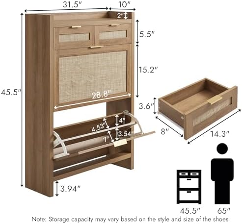 HOKYHOKY Rattan Shoe Storage Cabinet with 2 Drawers & 2 Flip Drawers - Image 2