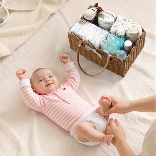 HBlife Baby Diaper Caddy Organizer, Portable Scalloped Plastic Wicker Woven Basket with Divider, Nursery Diaper Station, Baby Shower Gifts Basket, Car Organizer, Washable Waterproof - Image 6