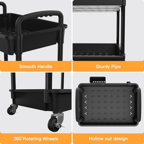 5 Tier Rolling Utility Cart with Handle,REBECAT Utility Cart Made of Multifunctional Storage Organizer Tool for Kitchen,Bathroom,Living Room,Office(Black) - Image 2