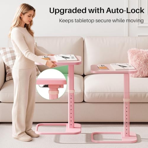 Kitstorack Upgraded TV Tray Table with Panel Lock, 90° Flip-Over Design & Adjustable Height, Sofa Arm Side Table for Eating, Laptop, Couch, Bed, or Small Spaces, Pink - Image 3
