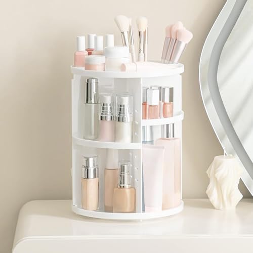 HBlife 360 Rotating Makeup Organizer Adjustable Carousel Large Capacity Revolving Perfume Organizer Skincare Organizers Cosmetic Storage Spinning Holder for Vanity, White - Image 5
