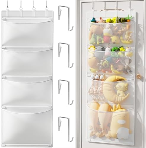 Criusia Stuffed Animal Storage, Over the Door Organizer with 4 Mesh Pockets, Toy Organizers and Storage for Nursery, Baby Supplies, Hanging Door Organizer for Kids Room & Playroom Organization, White by Criusia