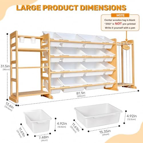 81" Large Toy Storage Organizer with Bins Shelves & Stuffed Animal Storage for Kids Wood Toddler Playroom Organization with Bookshelf Toys Box Wooden Organizers for Kids Room Nursery Bedroom - Image 2