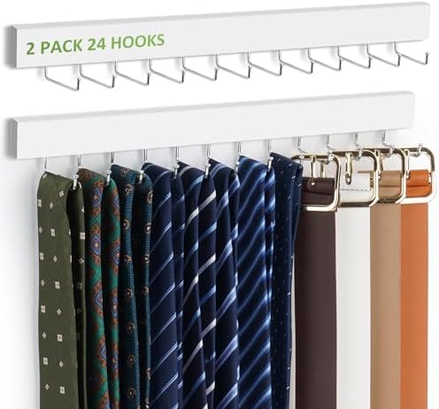 2 Pack Tie Hanger Wall Mounted, Wooden Tie Rack Belt Hanger with 24 Non Slip 180° Rotating Hooks, Belt Organizer Space Saving Tie Hanger for Closet, Tie Holder & Tie Organizer, White by OMHOMETY