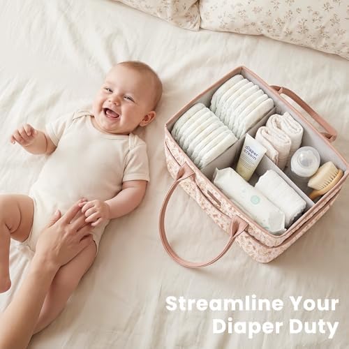 Konssy Baby Diaper Caddy Organizer, Floral Design with PU Leather Handles - Image 2