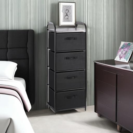 MAX Houser 4 Drawer Fabric Dresser Tall Storage Tower, Dresser Chest with Wood Top, Vertical Nightstand Side Organizer Unit with Metal Frame for Closets Bedroom Nursery Room Hallway(Black) - Image 5