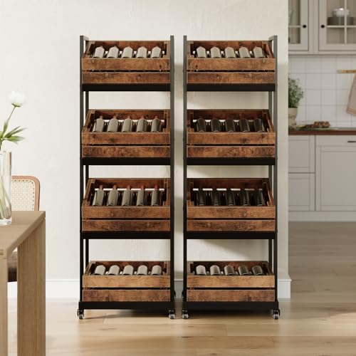 LITTLE TREE 4-Tier Basket Stand with Locked Wheels, Mobile Fruit and Vegetable Storage, Floor Stand Rack, Utility Shelf, for Kitchen, Living Room, Pantry (Rustic Brown, 2) - Image 4
