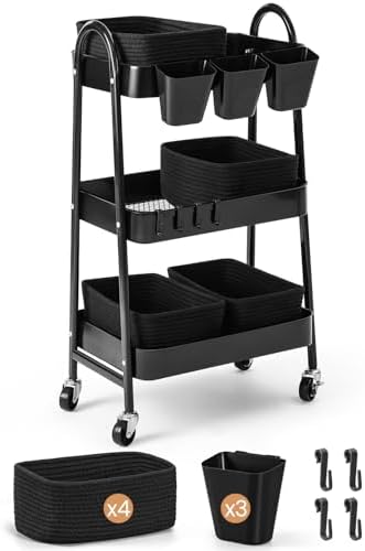 3-Tier Rolling Utility Cart with 4 Woven Baskets, Diaper Book Snack Cart, Storage Organizer for Nursery, Kitchen, Craft Room, Home SPA, Living Room, Metal Frame Trolley on Lockable Wheels, Black by AOZITA
