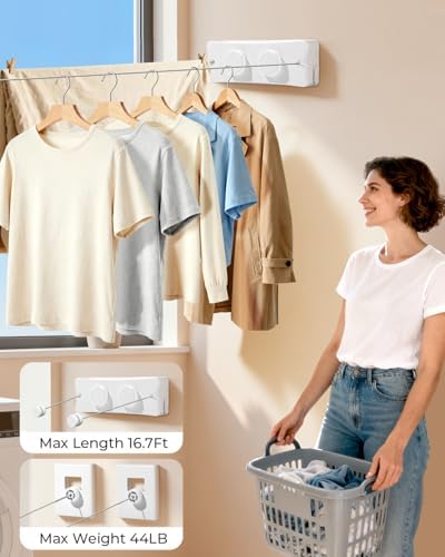 Retractable Clothesline 2X16.7 ft – Heavy-Duty 44 lb, Rust-Proof Stainless Steel, Wall-Mounted Indoor/Outdoor Clothes Line, Easy Install for Bathroom, Balcony & Apartment - Image 2