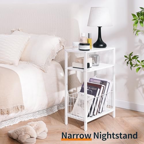Narrow Side Table with Storage Basket Small End Table for Small Space,White - Image 5
