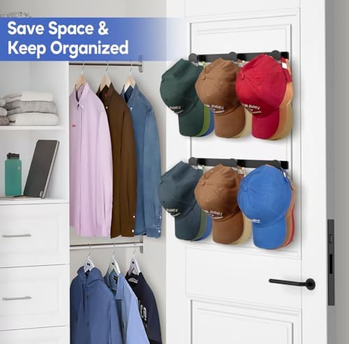 KIMBORA 2 Packs Hat Rack for Wall, Hat Organizer for Baseball Caps, 3 Mounting Options Cap Hook Hanger, Strong Snapback Holder Storage Display for Door, Room, Closet (Black) - Image 6