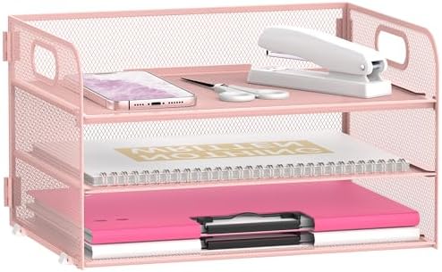 DALTACK 3 Tier Paper Organizer for Desk, Sliding Paper Trays, Pink by DALTACK