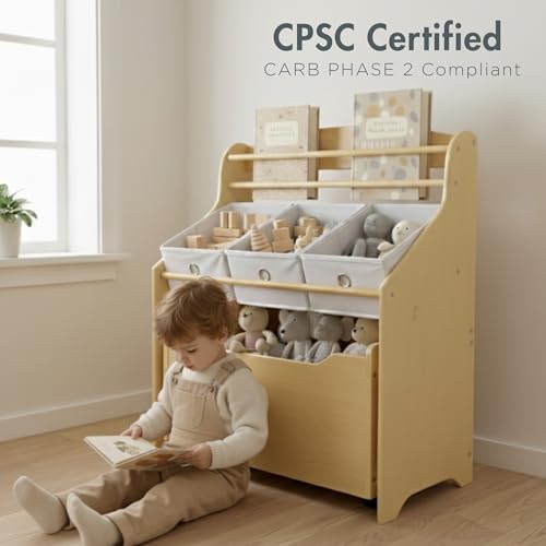 Humble Crew 3 in 1 Kids Bookshelf, Toy Organizer and Rolling Toy Box, Wood - Image 4