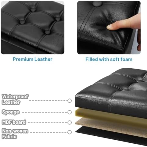 Bsketa Storage Ottoman Bench,17 Inch Folding Leather Foot Rest Stool, Black - Image 5