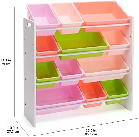 Amazon Basics Kids Toy Storage Organizer with 12 Plastic Bins, White Wood with Pink Bins, for Bedroom and Playroom, 33.85"D x 12.79"W x 35.42"H - Image 3