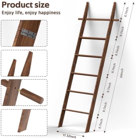Farmhouse Wooden Blanket Ladder with Removable Hooks Brown 6-Tier - Image 3