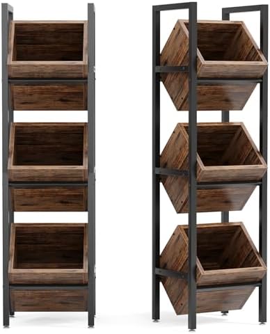 LITTLE TREE 3-Tier Basket Stand, Wooden Floor Stand Shelving Unit, Standing Organizer Storage Rack for Kitchen, Bathroom, Living Room (Rustic Brown, 2) by LITTLETREE